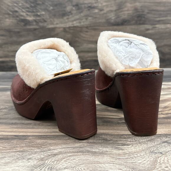 Born Hope 8M Shearling-Lined Open Back Heeled Distressed Leather Clogs Dark Red - Picture 7 of 12